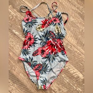 Kona Sol Blue Tropical One-Piece Medium Coverage Padded Swimsuit - NWT